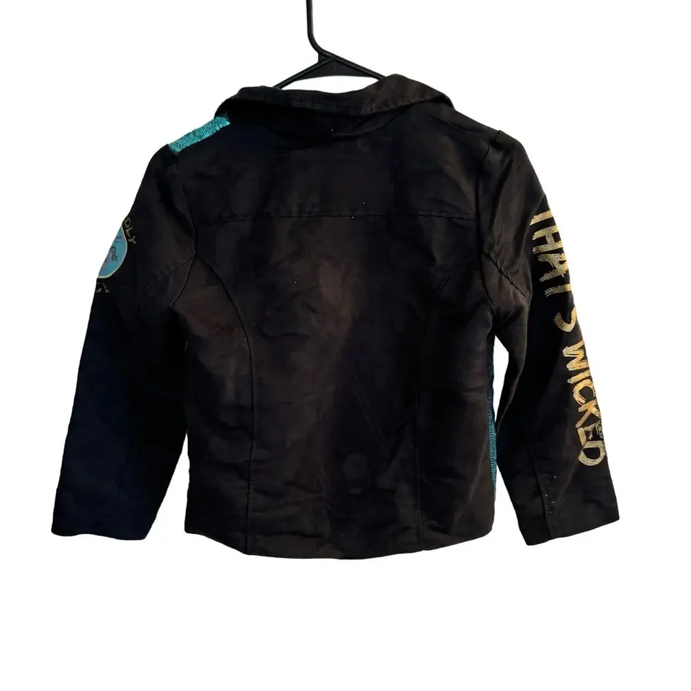 Disney Jacket‎ Girls L Black Wickely Fierce Turquoise Sequin Faux Suede